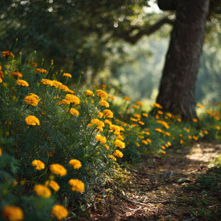 Bright yellow flowers thrive along a dirt path in a sunlit woodland. The composition features lush greenery, a weathered tree trunk, and soft sunlight filtering through the leaves. The image conveys a sense of tranquility and natural beauty, potentially suitable for editorial content or commercial applications related to nature and gardens.の素材