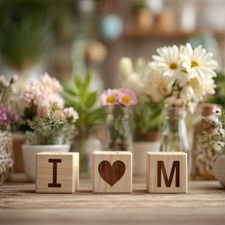 The image features wooden blocks spelling out "I heart M" set against a backdrop of flowers and plants in various containers. Soft lighting and a shallow depth of field create a warm atmosphere, with a focus on the wooden blocks. This visual could be used for lifestyle imagery or conveying messages of affection or appreciation.の素材