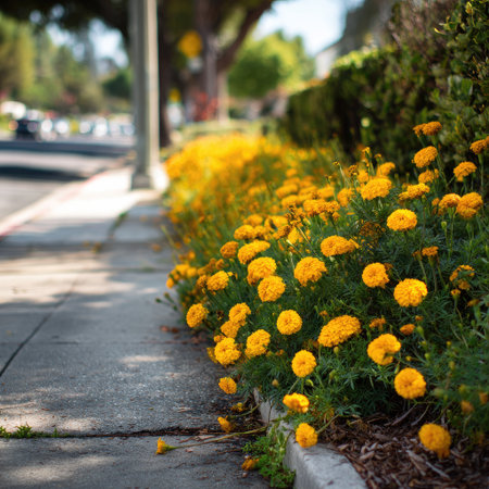 A view of a sidewalk lined with vivid yellow flowers in full bloom. The scene showcases natural sunlight and a blurred background, suggesting an outdoor setting. The composition offers copy space, suitable for various commercial or editorial applications, highlighting floral beauty.の素材