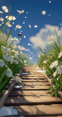 A wooden pathway winds through a field of white daisies and tall green grass, leading towards a bright blue sky dotted with fluffy white clouds. The scene is illuminated by soft sunlight creating a peaceful and serene environment. This image is suitable for various commercial uses related to nature or travel.の素材