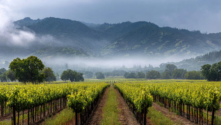 An image captures a vineyard with orderly rows of grapevines extending into the distance. The scene is dominated by a range of rolling hills partially obscured by morning mist. The composition uses natural light creating depth, with a focus on the lush green foliage. This photograph is appropriate for various commercial and editorial applications.の素材