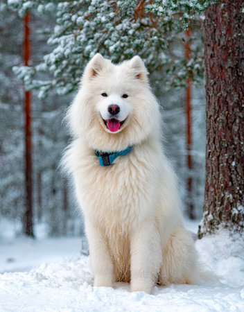 A white dog sits in the snow, its fluffy fur contrasting with the dark tree trunk and evergreen branches. The image displays a soft focus on the dog with a winter backdrop of snow and trees. This picture could be used for various commercial projects related to pets or nature.の素材