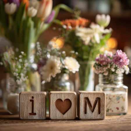 The image features wooden blocks spelling "I Heart M" in front of multiple vases with flowers. A variety of blooms display vibrant colors. The lighting suggests a warm interior setting. This arrangement could be used for various projects, including greeting cards or general design.の素材