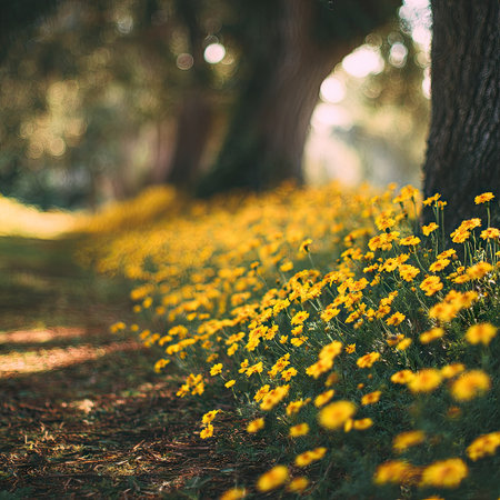 A field of vibrant yellow flowers lines a path leading toward a blurred background. The image showcases natural sunlight filtering through trees. Soft focus and shallow depth of field create an appealing perspective. Suitable for editorial projects, website backgrounds, or various design applications.の素材