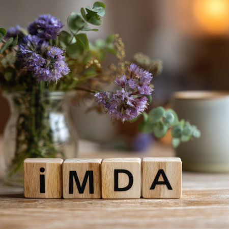 A close-up captures wooden blocks arranged to spell "IMDA", set against a blurred background. A vase of purple flowers and greenery adds color and texture. Soft lighting and shallow depth of field create a warm, inviting feel. The image could be used for various projects, including editorial or promotional material.の素材