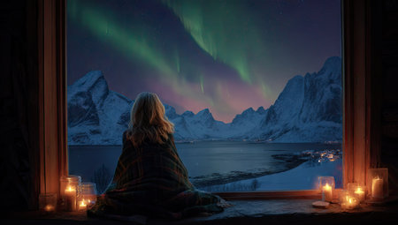 A woman is seen from behind, gazing out a window at a majestic display of the aurora borealis. The scene includes a snowy landscape, mountains, and a body of water, lit by the glow of the lights. The warm interior lighting contrasts with the cold, night environment outside, and suggests potential uses for travel, tourism or relaxation.の素材