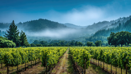An expansive vineyard scene showcases rows of green grapevines meticulously arranged. Rolling hills in the background fade into a misty horizon under a bright blue sky. The composition utilizes lines and perspective to create depth. Suitable for illustrating agriculture, travel, or wine-related themes for commercial purposes.の素材