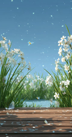 A close-up view presents a wooden surface leading towards blooming white flowers and lush green grass. The scene is set against a backdrop of a clear blue sky, evoking a sense of calm and serenity. This image could be suitable for various commercial projects related to nature or tranquility.の素材