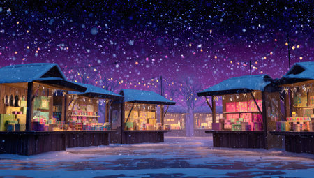 This image depicts several market stalls, each laden with displayed goods, set against a backdrop of a winter night sky. The scene is illuminated by colorful lights within the stalls and a dusting of snowflakes. The composition offers a feeling of winter festivities, suitable for various commercial uses.の素材