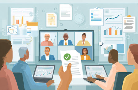 An illustration depicts a collaborative virtual meeting. Participants of different backgrounds appear on a large screen, surrounded by charts and documents. The image uses a clean, graphic style with bright colors. The setting suggests an office environment, potentially suitable for business presentations or editorial articles.の素材