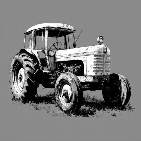 An illustration depicts a vintage tractor in black and white against a gray backdrop. The detailed drawing showcases the vehicle's mechanics, wheels, and cabin. The image utilizes a monochromatic palette, possibly suitable for agricultural publications or design projects. This graphic may be used in various commercial applications or editorial layouts.の素材