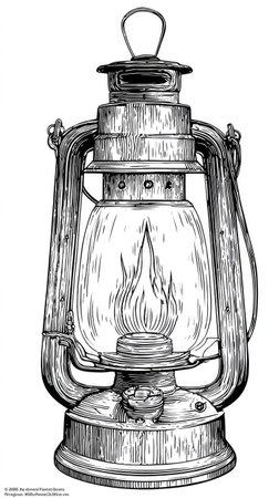 This detailed illustration depicts a classic lantern with a lit flame inside. The artwork presents a black and white, hand-drawn style, set against a plain white background. The composition is clean, with the object centered and isolated, suitable for various design applications, including commercial projects.の素材