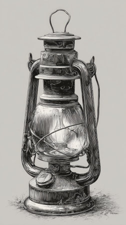 An illustrated oil lamp is depicted against a neutral backdrop. The drawing showcases intricate metal construction and a clear glass enclosure. The artwork exhibits a vintage style with detailed shading and highlights. Suitable for historical, artistic, or conceptual uses, it provides visual interest and a sense of the past.の素材