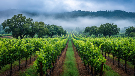 Rows of grape vines stretch toward distant hills in a lush, green vineyard. The scene showcases a combination of natural elements with vibrant green foliage. The composition suggests an agricultural setting, ideal for editorial or commercial applications, emphasizing the connection between nature and cultivation.の素材
