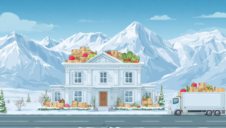 An illustration depicts a house adorned with packages and a delivery truck on a snowy road. The image showcases a white building under a clear sky, surrounded by snow-covered mountains. The composition features a flat design with bright colors, which can be useful for various commercial and editorial applications.の素材