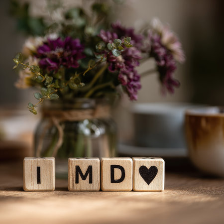 An image showcases wooden blocks displaying letters IMD with a heart symbol. A bouquet of purple flowers sits in a jar. Coffee cups and saucers are slightly blurred in the background. The lighting is soft, and the composition suggests a casual indoor setting, suitable for various editorial and commercial applications.の素材
