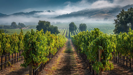 An image captures a vineyard with orderly rows of grapevines extending into the distance. Lush green foliage contrasts with the brown earth and wooden posts. The scene includes a misty background with rolling hills under an overcast sky. This image is suitable for various commercial uses related to agriculture, travel, and wine production.の素材