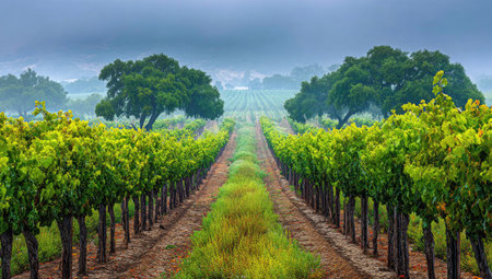 A scenic vineyard presents rows of grapevines, showcasing vibrant green leaves and a grassy pathway. The composition features a natural outdoor environment under overcast skies, with soft lighting and a focus on the textured foliage. This image could be used for agricultural, travel, or editorial projects.の素材