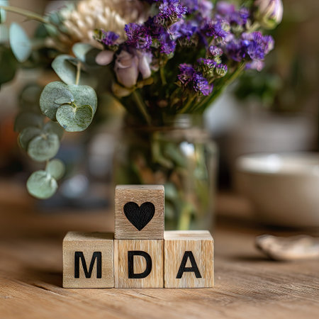 This image showcases wooden blocks spelling "MDA" with a heart symbol, placed on a wooden surface. A soft focus background features a bouquet of flowers in a glass jar. The composition utilizes natural lighting and shallow depth of field, with warm tones and inviting textures, suitable for various editorial and commercial applications.の素材