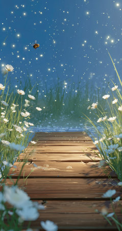A wooden pathway extends towards a field of flowers and a night sky dotted with stars. The image features a low-angle shot, highlighting a detailed wooden texture. Soft lighting illuminates the scene, creating a sense of tranquility. It is suitable for various commercial purposes, including website design and print media.の素材