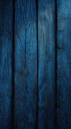 This image features an abstract texture of dark blue wooden planks, showcasing vertical lines. The composition highlights the wood's grain, revealing a natural surface. The visual characteristics include deep blue hues with variations and a rough texture. Suitable for various design projects and commercial applications.の素材