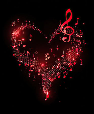 An abstract artwork displays a heart shape composed of musical notes and lines against a dark backdrop. The image features a vibrant red color scheme and uses a digital art style. This image is suitable for various commercial uses, including website design, advertising, and editorial content.の素材