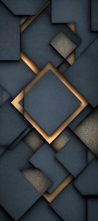 An abstract composition features overlapping dark gray squares and gold colored frames. The arrangement creates depth and visual interest, with varied textures and lighting effects. Suitable for use in design projects, presentations, and digital content creation. The image could be utilized for various commercial and editorial purposes.の素材