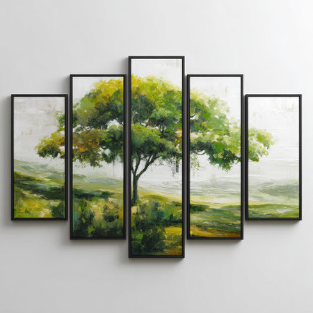 A five-panel artwork portrays a stylized tree with green and yellow foliage. The painting features a textured appearance, employing brushstrokes to depict the tree against a soft, light background. Suitable for interior design projects or decorative purposes, the artwork offers a natural aesthetic.の素材