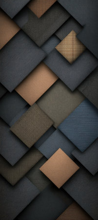 This image features a geometric pattern composed of layered squares in shades of gray, brown, and blue. The composition, arranged in a repeating design, showcases varied textures and tonal depth. It might be used for website backgrounds, marketing materials, or design projects. The lighting appears soft.の素材