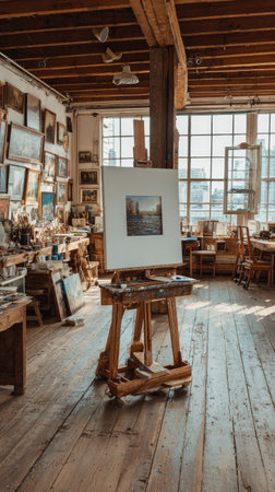An interior shot reveals an art studio featuring an easel holding a painting. The studio is filled with natural light, illuminating wooden floors and various art supplies. The composition showcases framed artwork, tables, and a general studio atmosphere. Suitable for artistic themes and creative endeavors.の素材