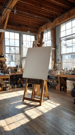 An art studio interior is illuminated by sunlight streaming through large windows. A wooden easel holds a blank canvas in the foreground. The composition features wooden beams, floors, and worktables. Various art supplies and tools are scattered throughout, suggesting creative work and artistic practice. This image is suitable for artistic, educational, and design purposes.の素材