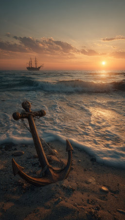An aged anchor rests on a sandy beach as ocean waves gently lap at the shore. The setting is illuminated by warm sunlight during sunset. A silhouette of a sailboat is visible on the horizon. This image could be used for various projects needing a maritime or seascape theme.の素材