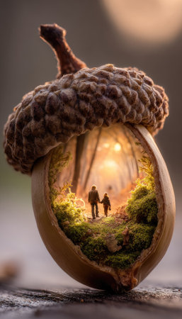 An artistic illustration presents an acorn showcasing a miniature landscape. Inside, two figures walk through a vibrant forest with warm sunlight filtering through the trees. The image uses a soft focus and gentle color palette, possibly ideal for conceptual or creative projects.の素材