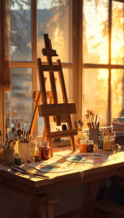 An art studio is presented with natural sunlight illuminating the interior. An easel, paint brushes, and various paint jars are arranged on a wooden table. The composition emphasizes warm tones and textures, with soft lighting from a nearby window. This image can be suitable for artistic projects and editorial content.の素材