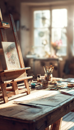An interior shot reveals an artist's workspace, featuring an easel with a drawing, paint brushes, and other art supplies arranged on a wooden table. The composition includes natural sunlight streaming through a window. Suitable for illustrating creativity, artistry, or related editorial and commercial themes.の素材