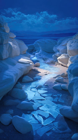 An illustration depicts a frozen pathway through ice formations under a deep blue sky. The composition features a variety of shapes and textures, highlighted by cool tones. The artwork suggests an outdoor setting, potentially usable for commercial or editorial projects. Light illuminates the path from an unseen source.の素材
