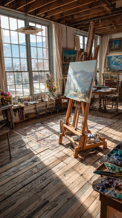 An artist's studio is filled with natural light, illuminating an easel displaying a painting. The composition showcases an artistic workspace. Details include wooden flooring, large windows, and various artistic tools. Suitable for illustrating creativity, art, and design themes in editorial or commercial projects.の素材