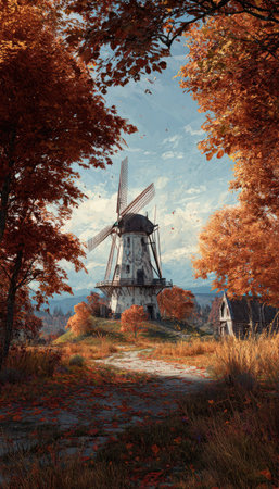 An artistic rendering showcases a rural scene centered on a traditional windmill. It is set amongst trees displaying vibrant autumn hues, with a path leading to the structure. The composition utilizes a warm color palette with soft lighting and could be suitable for various editorial and promotional applications.の素材