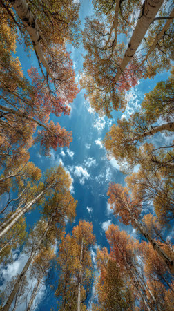An upward perspective captures the tops of trees during autumn. The image showcases colorful foliage against a clear blue sky. Warm sunlight filters through the branches. Suitable for diverse applications, it emphasizes natural beauty and atmospheric qualities for editorial or promotional purposes.の素材