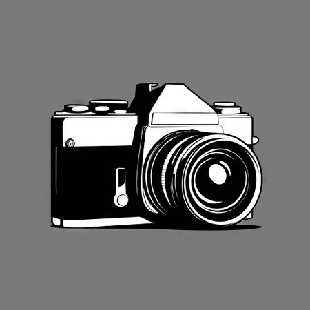 A grayscale illustration presents a vintage camera, emphasizing its design. The camera is rendered in a flat, illustrative style, set against a plain gray background. The composition highlights the shape and form of the photographic equipment, suitable for uses related to photography, design, or visual media.の素材