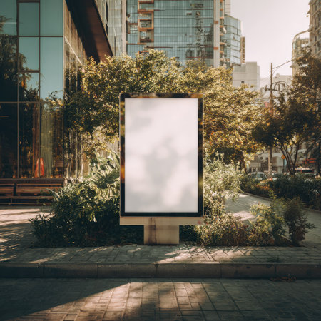 An outdoor advertisement board stands prominently in an urban environment. The board is blank with a dark frame, suggesting potential for various messages. The scene is illuminated by daylight, highlighting the surrounding buildings and greenery. Suitable for commercial purposes, this image offers copy space for diverse promotional applications.の素材