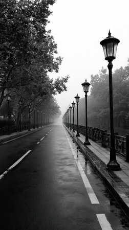 A grayscale image depicts a wet road flanked by trees and lamp posts, disappearing into a foggy distance. The composition is symmetrical, with linear perspective drawing the eye forward. The monochrome palette, with its range of gray tones, emphasizes the misty environment, suitable for various editorial and commercial projects.の素材