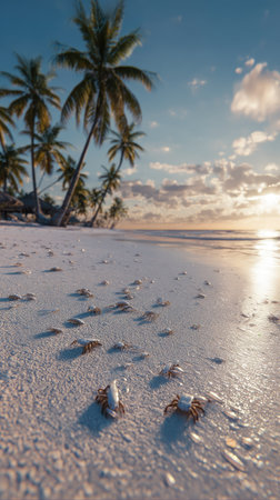 The image showcases a sandy beach with palm trees, with small crabs on the foreground. The warm light suggests daytime. This scene could be used for travel-related, nature, or holiday themes, as well as for commercial projects such as advertising or editorial content.の素材