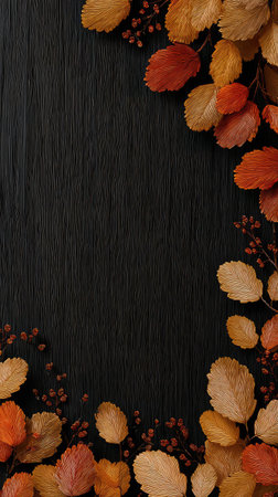 An overhead view displays a frame of colorful autumnal leaves set against a dark, textured background. The leaves present a spectrum of orange, red, and yellow hues. This arrangement suggests a natural, fall-themed setting, suitable for various design projects including seasonal promotions and digital media.の素材