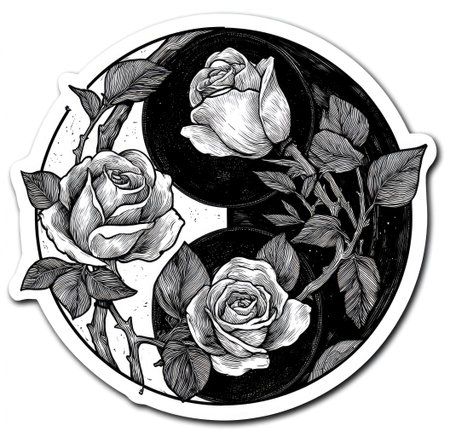 This graphic illustration features a yin yang symbol with three roses and their leaves. The design is rendered in black and white, showcasing intricate details. The style appears artistic, possibly for various creative applications. It could be used for decorative purposes or for designs related to balance and harmony.の素材