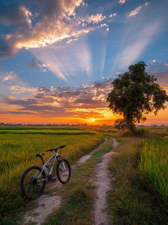 A bicycle rests on a dirt path leading through lush green fields with a vibrant sunset illuminating the sky. Warm orange and yellow hues blend with the blue sky. The scene is bathed in natural lighting, and a solitary tree stands. This image could be used for various commercial or editorial purposes.の素材