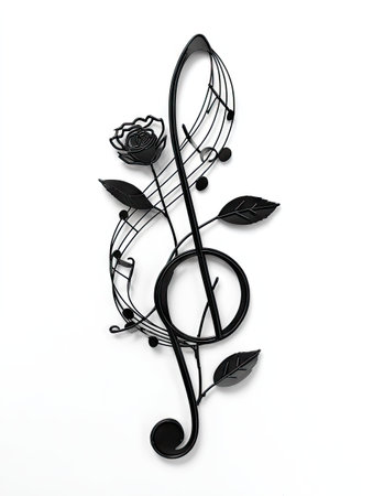 A black metal sculpture depicts a treble clef intertwined with a rose and leaves. The piece is rendered in a minimalist style, featuring smooth lines and a dark color against a clean white background. This design could be used in various applications, including print media or digital marketing materials.の素材