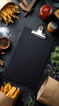A top-down composition presents a black clipboard surrounded by French fries, condiments, and seasonings on a dark, textured surface. Golden-brown fries sit in paper containers, complemented by salt, pepper, and sauces. The setting suggests a casual dining scene, offering potential for food-related projects or marketing materials.の素材