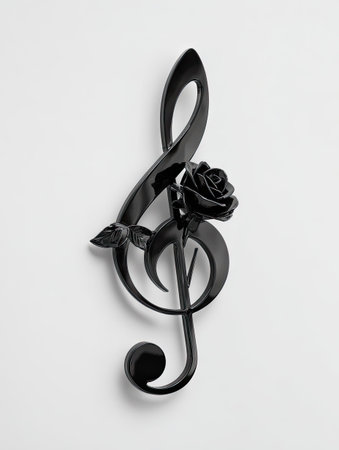 A close-up image features a black treble clef intertwined with a rose, both rendered in a sculptural form. The objects are set against a stark white backdrop, emphasizing their shapes. The composition showcases a smooth, high-contrast visual style with studio lighting. Suitable for artistic themes and design applications.の素材