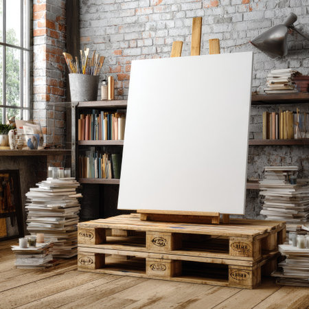 An empty white canvas stands on a wooden easel, positioned in a rustic studio environment. The scene showcases a blank surface surrounded by art supplies, books, and stacks of paper. The composition uses natural lighting. Suitable for illustrations, mockups, or creative projects.の素材
